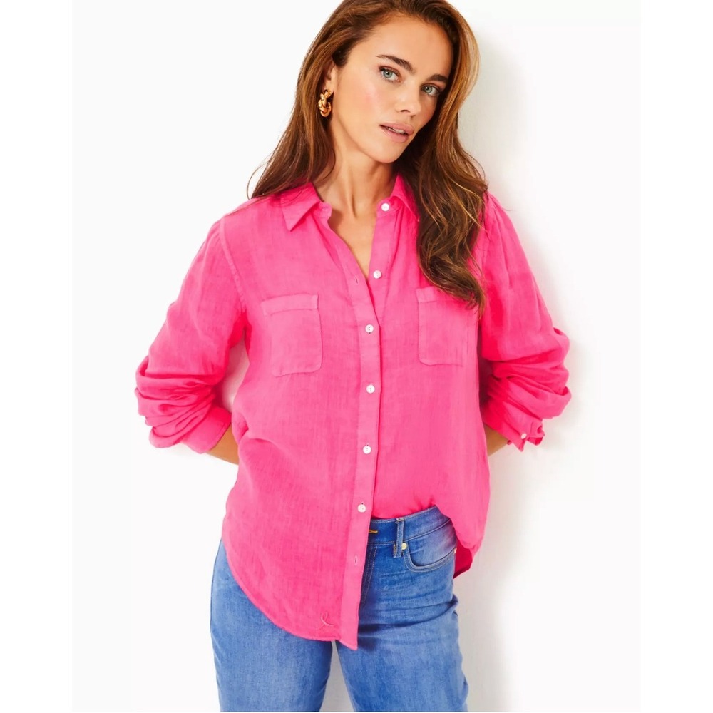 Lilly Pulitzer Sea View Linen Button Down Top Classic, Magenta Pink Size M